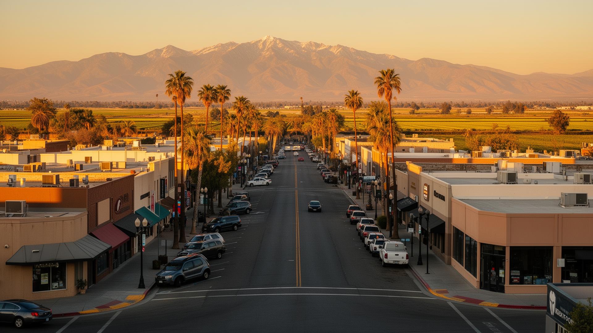 Central Valley business district at golden hour with the Sierra Nevada